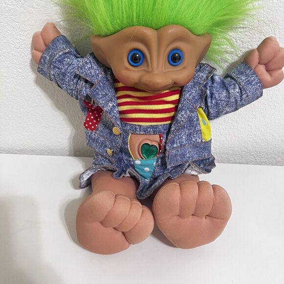 Vintage Ace Novelty Treasure Troll Tot Green Heart Wishstone Large Doll 14" - Picture 4 of 16